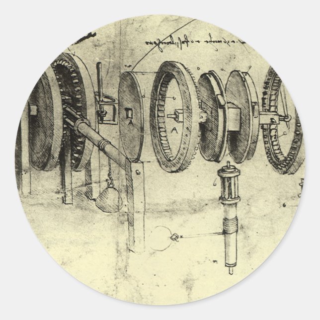 Sticker Rond Croquis d'ingénierie de Léonard de Vinci d'une rou (Devant)