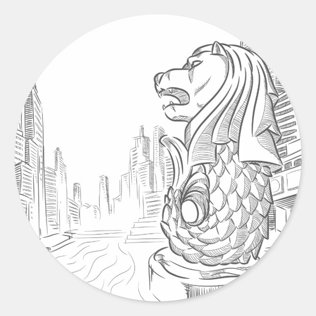 Sticker Rond Croquis du site touristique de Singapour - Merlion (Devant)