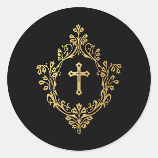 Sticker Rond Cross in Crest Black Faux Gold Religious Christian