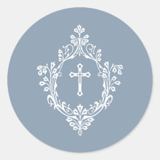 Sticker Rond Cross in Crest Dusty Blue White Elegant Vintage