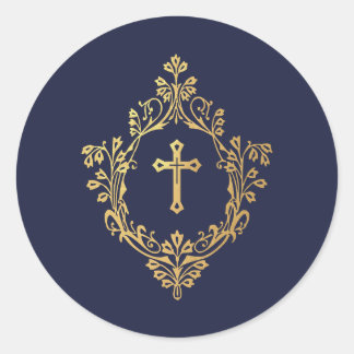 Sticker Rond Cross in Crest Navy Blue Faux Gold Vintage Elegant