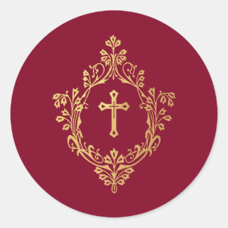 Sticker Rond Cross in Crest Red Faux Gold Foil Vintage Burgundy