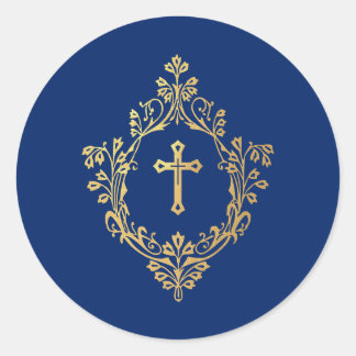 Sticker Rond Cross in Crest Royal Blue Faux Gold Foil Religious