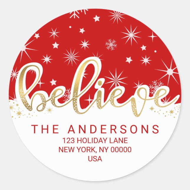 Sticker Rond Croyez Noël Rouge Gold Script Adresse de retour (Devant)