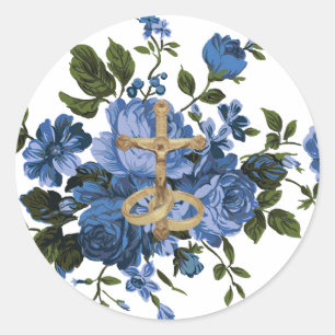 Sticker Rond Crucifix en or Floral Rose bleu religieux