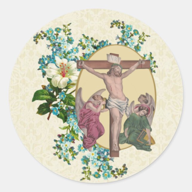 Sticker Rond Crucifixion du carême religieux Jésus Anges (Devant)