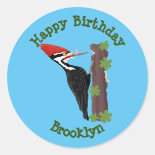 Sticker Rond Cue drôle Pileated woodpecker dessin d'illustratio