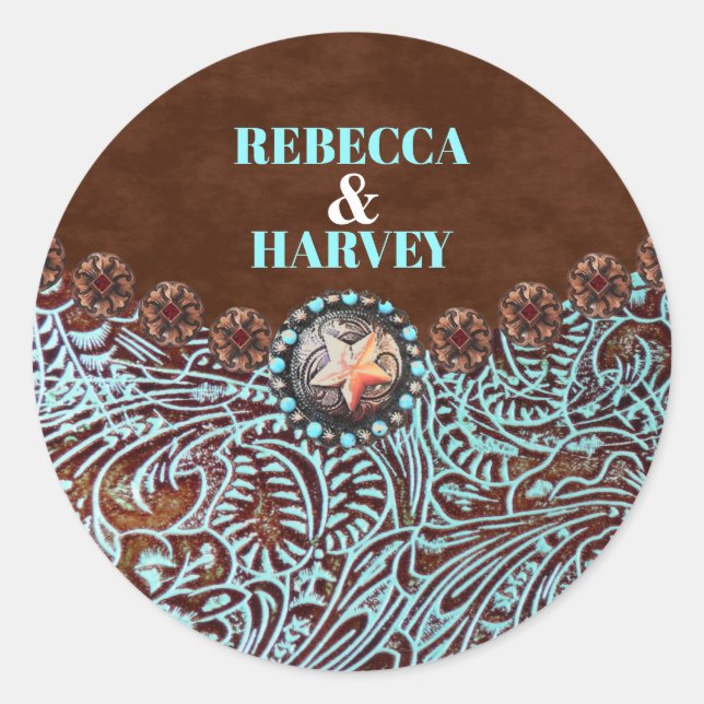 Sticker Rond cuir brun turquoise pays mariage de l'ouest (Devant)