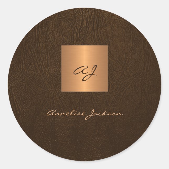 Sticker Rond Cuir élégant monogramme nom script (Devant)