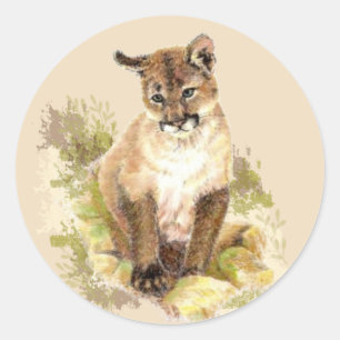 Sticker Rond Cuire Cougar Mountain Lion Chat Kitten Aquarelle