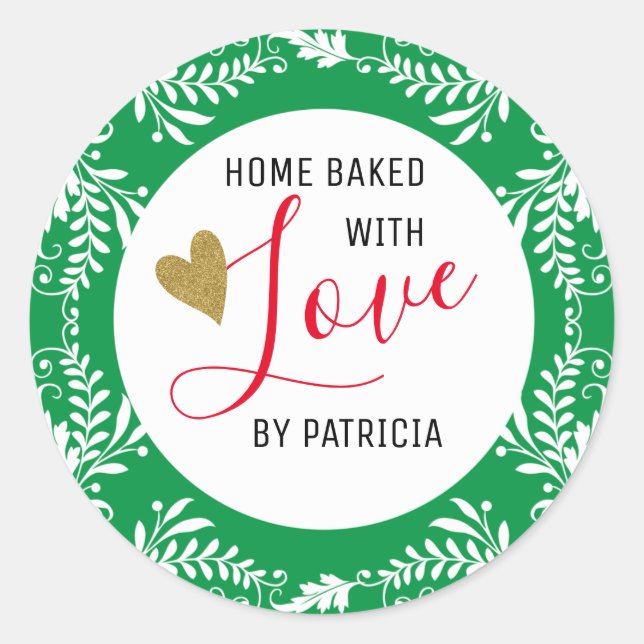 Sticker Rond Cuisine À La Mode, Cuite Avec Amour Vert Et Blanc (Devant)