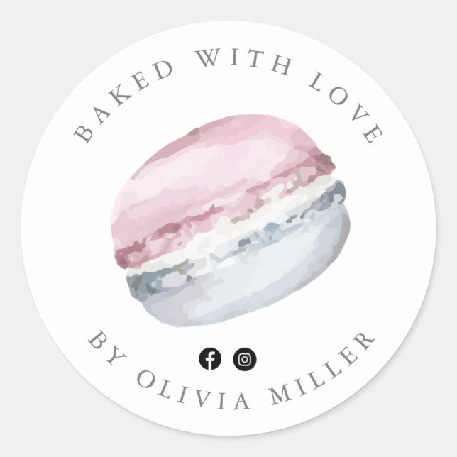 Sticker Rond Cuisiné Avec Amour Élégant Pâtisserie Macarons Ros (Devant)