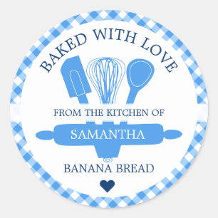 Sticker Rond Cuisine cuite avec amour Banane Pain Bleu En vichy