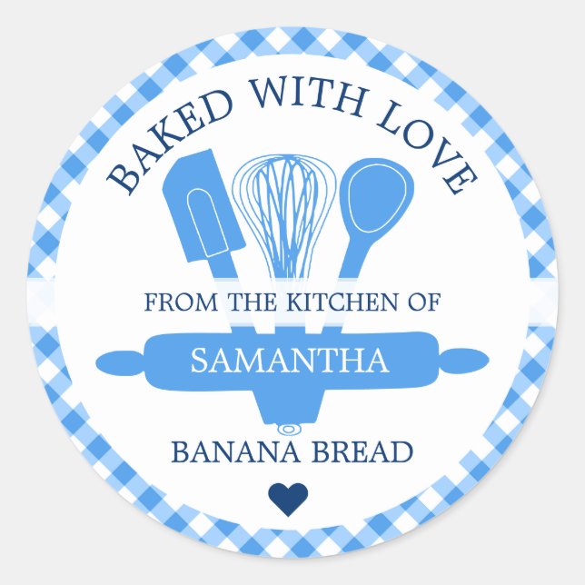 Sticker Rond Cuisine cuite avec amour Banane Pain Bleu En vichy (Devant)