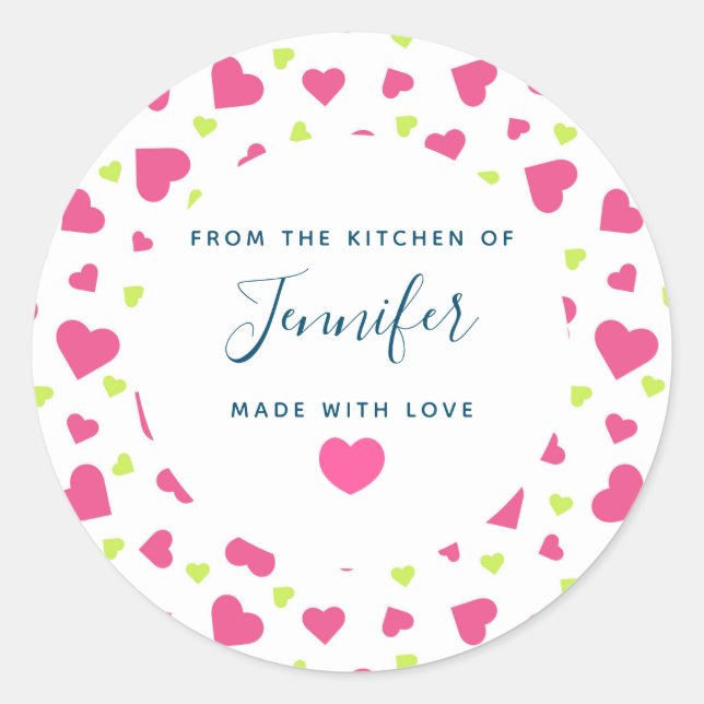 Sticker Rond Cuisine Motif Cute Rose et Coeurs verts (Devant)