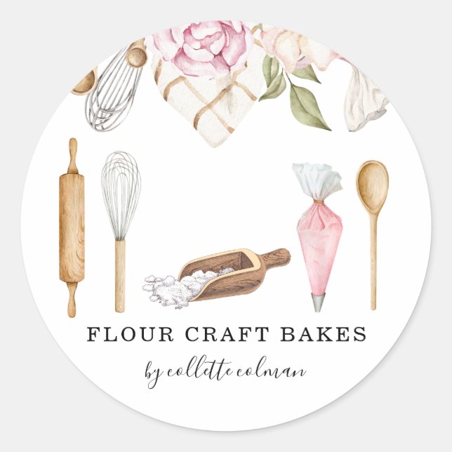 Sticker Rond Cuisine pâtissière Baker Aquarelle Outils Floraux (Devant)