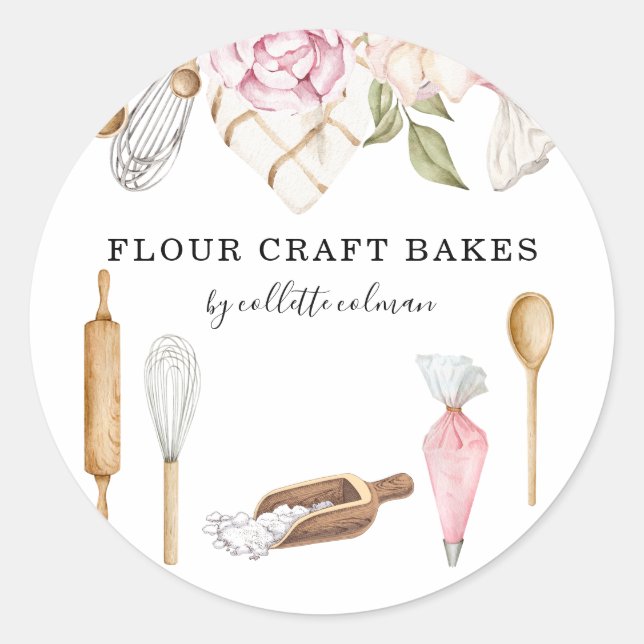 Sticker Rond Cuisine pâtissière Baker Aquarelle Outils Floraux (Devant)