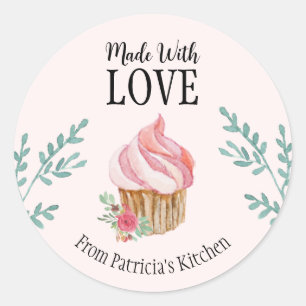 Sticker Rond Cuisson customisée Aquarelle rose Fleur Cupcake