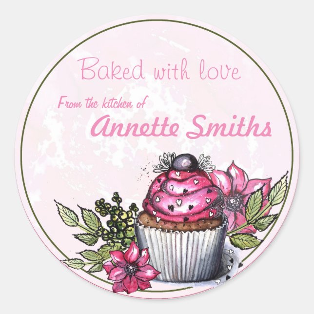 Sticker Rond Cuit Avec Amour / Cupcake/ Personnalisé (Devant)
