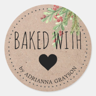 Sticker Rond Cuit Avec Amour Kraft Papier Coeur Hiver Verdure