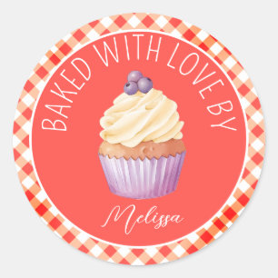 Sticker Rond Cuit Avec Love Cupcakes Rouge Plaid Personnalisé
