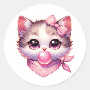 Sticker Rond Cuite Coquette Chat Rose Bow Bandanna Bubble Gum