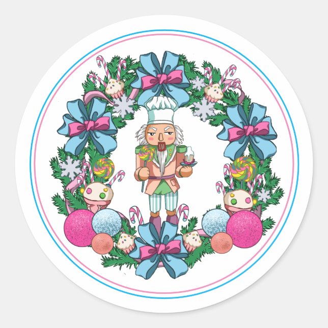 Sticker Rond Cuite Rose Et Bleu Casse-Noisette De Noël Wreath (Devant)