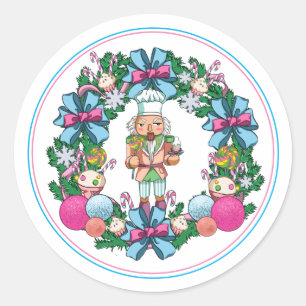 Sticker Rond Cuite Rose Et Bleu Casse-Noisette De Noël Wreath