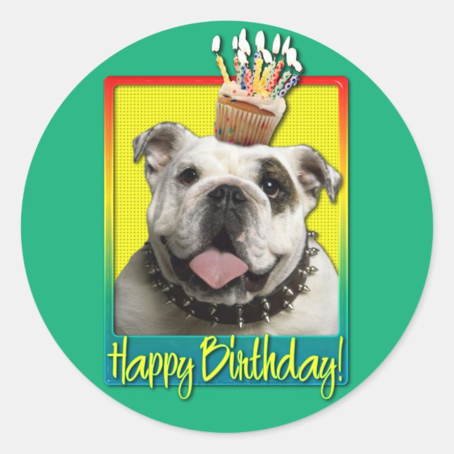 Sticker Rond Cupcake anniversaire - Bulldog - Lumière (Devant)