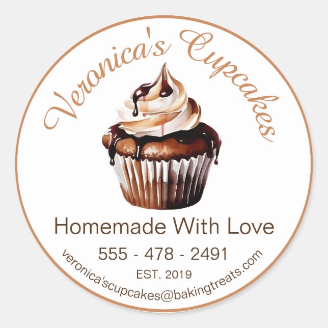 Sticker Rond Cupcake Au Chocolat Avec Coordonnées (Devant)
