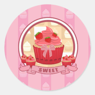Sticker Rond Cupcake aux fraises