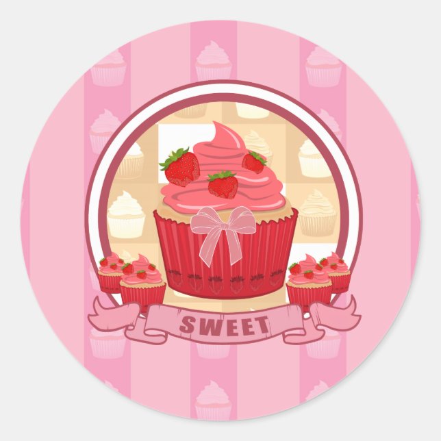 Sticker Rond Cupcake aux fraises (Devant)