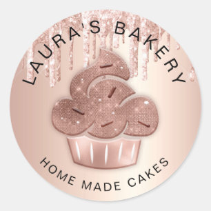 Sticker Rond Cupcake Bakery Pastry Chef Glitter Drips Rose Gold