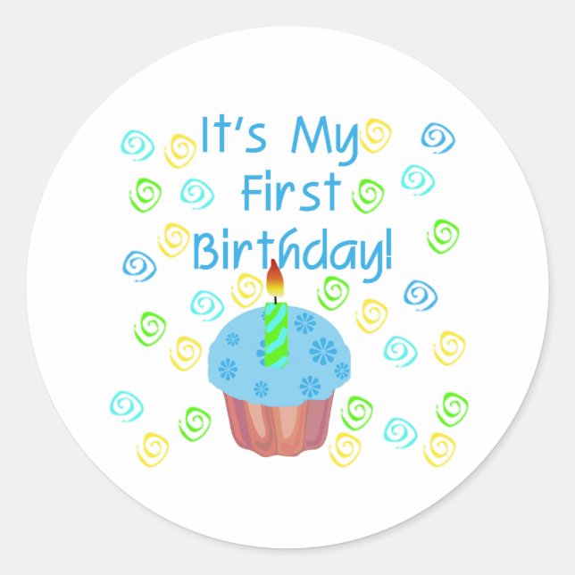 Sticker Rond Cupcake bleu avec bougie Premier anniversaire (Devant)