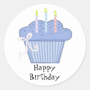 Sticker Rond Cupcake bleu avec bougies d'anniversaire