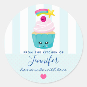 Sticker Rond Cupcake bleu mignonne avec cuisine Kawaii face