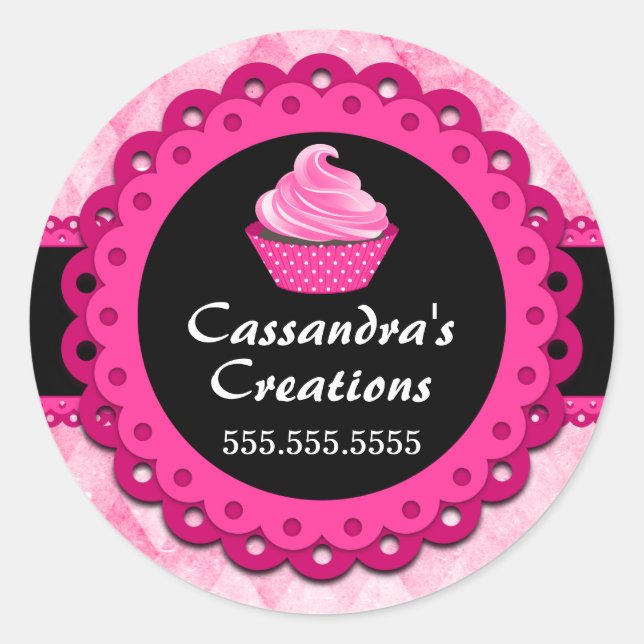 Sticker Rond Cupcake en dentelle rose Boulangerie Cachets (Devant)