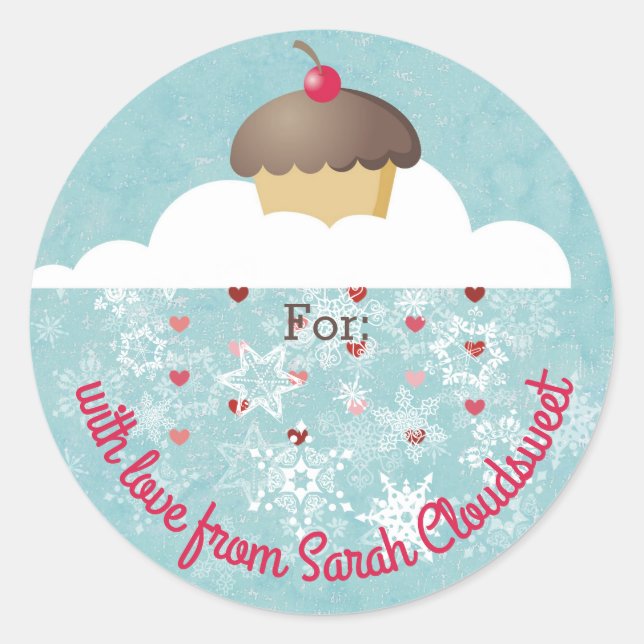 Sticker Rond Cupcake nuages de flocon de neige Noël personnalis (Devant)