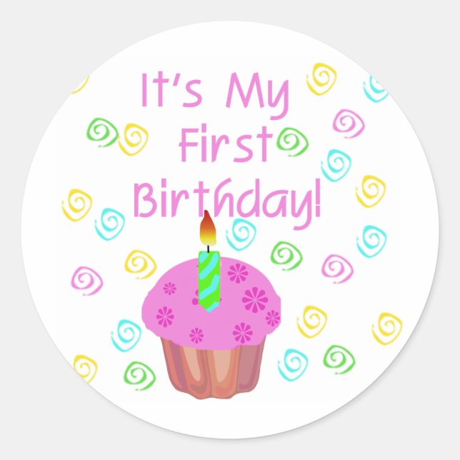 Sticker Rond Cupcake Rose Avec Bougie Premier Anniversaire (Devant)