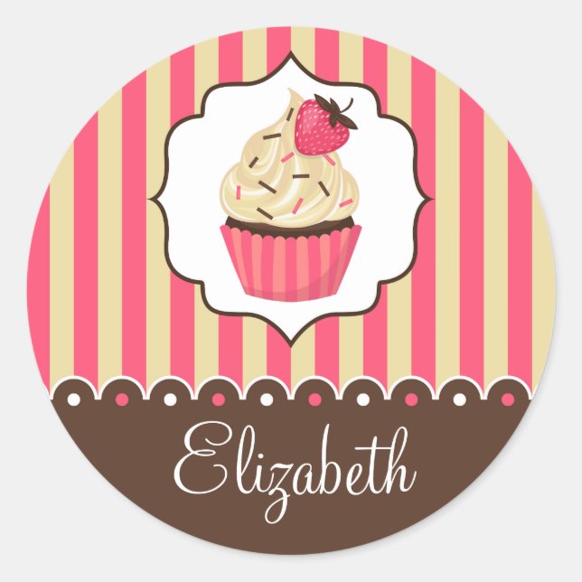 Sticker Rond Cupcake rose et Brown avec nom personnalisé (Devant)