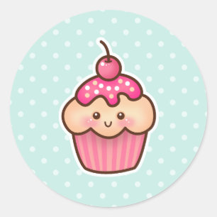Sticker Rond Cupcake rose Kawaii et Pois bleu Mint