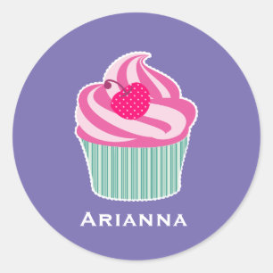 Sticker Rond Cupcake rose personnalisé avec cerise Pointe Polka