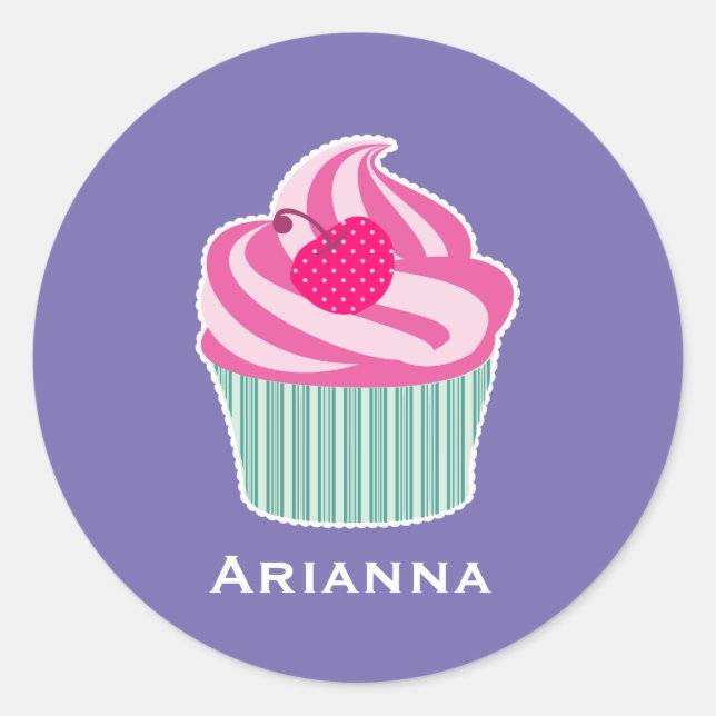 Sticker Rond Cupcake rose personnalisé avec cerise Pointe Polka (Devant)
