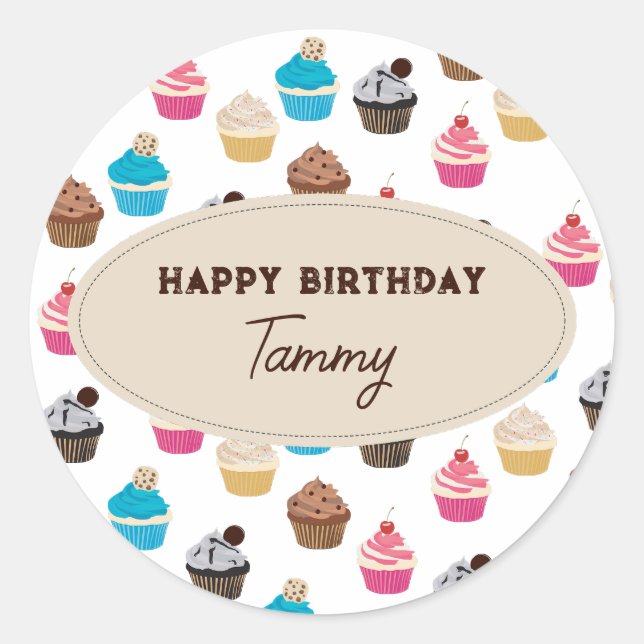 Sticker Rond Cupcakes Couleur Motif fête d'anniversaire (Devant)