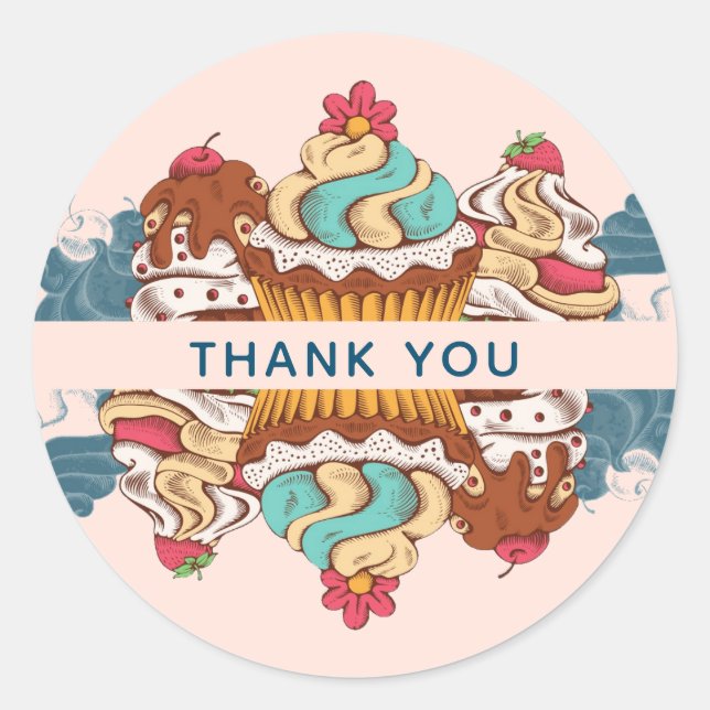 Sticker Rond Cupcakes de style rétro Merci dessert doux (Devant)
