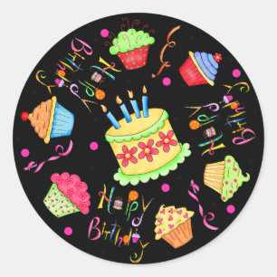 Sticker Rond Cupcakes et gâteaux noirs Joyeux anniversaire