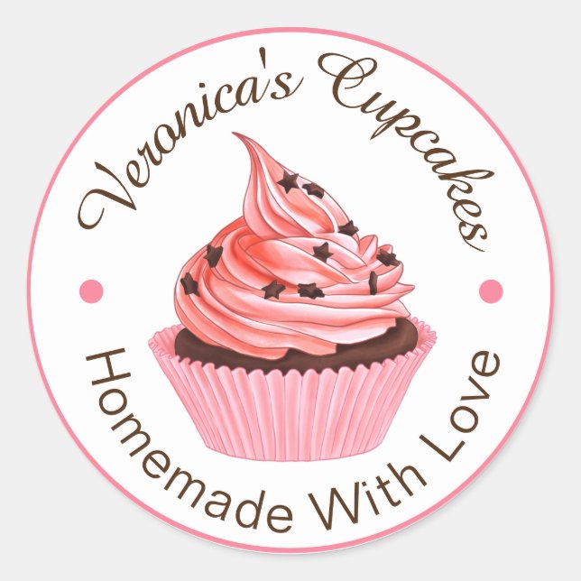 Sticker Rond Cupcakes Fait Maison Avec Amour Rose Clair (Devant)