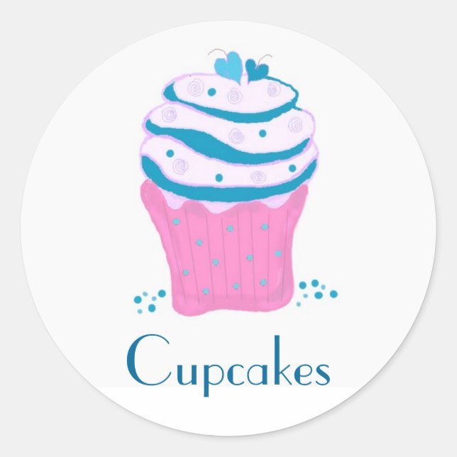 Sticker Rond Cupcakes rose et bleu tourbillon (Devant)