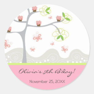 Sticker Rond Cupcakes Whimsical Tree Butterflies Sweet Birthday