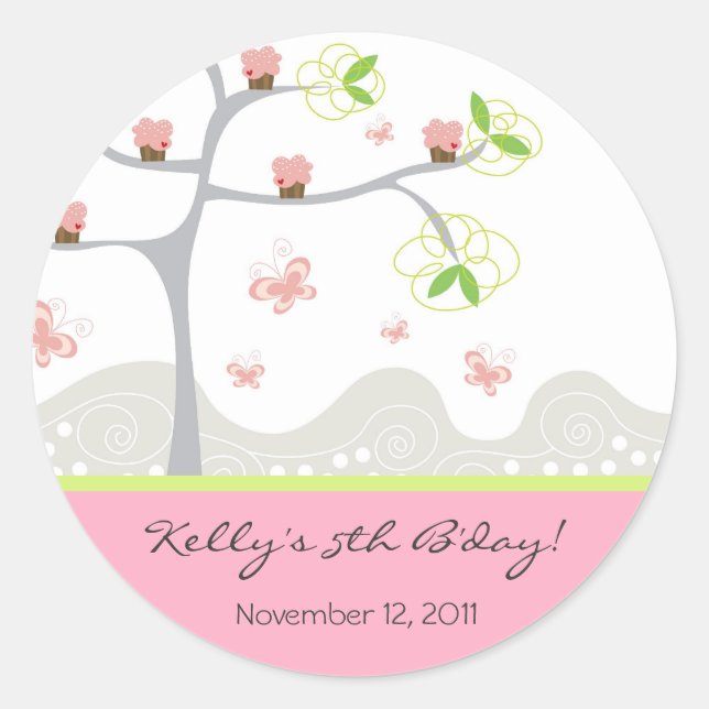 Sticker Rond Cupcakes Whimsical Tree Butterflies Sweet Birthday (Devant)